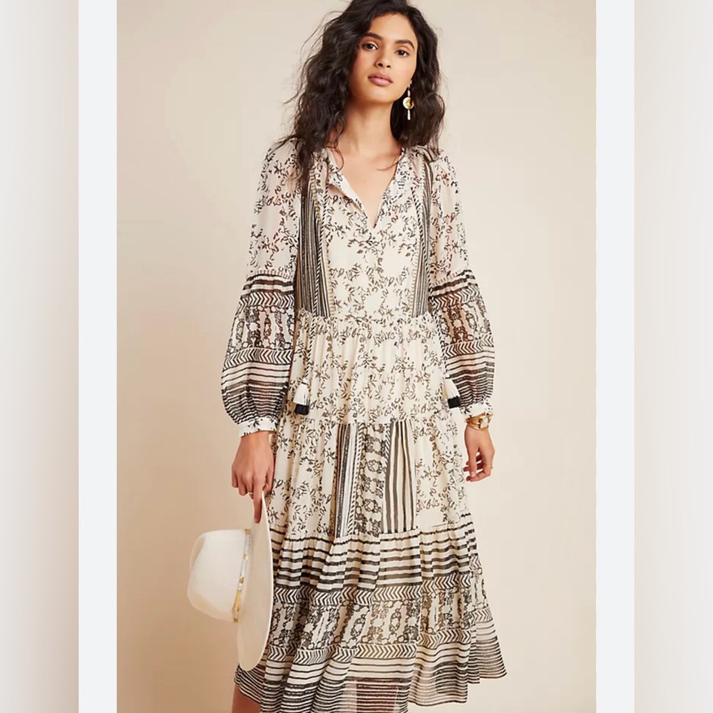 Anthropologie Black and Cream Long Sleeve Dress